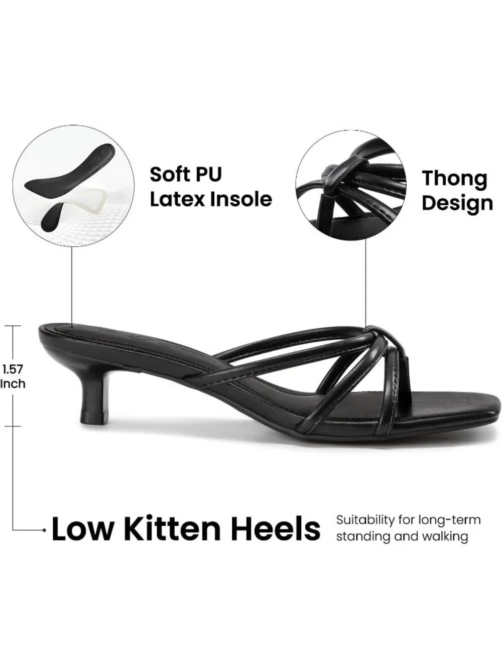 Athlefit Women's Black Polyurethane Kitten Square Toe Strappy Flip Flop Low Heel